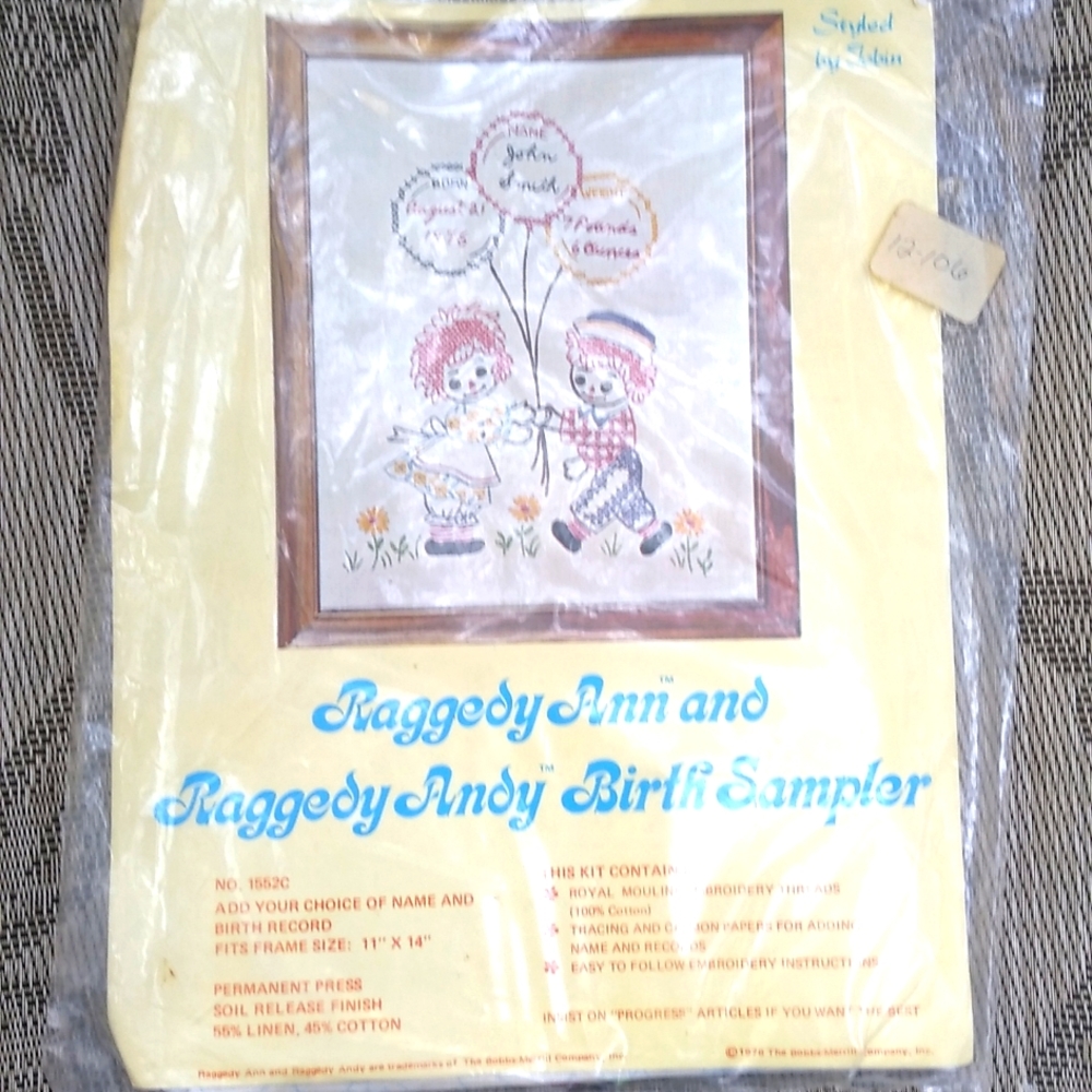 Vintage 1976 Raggedy Ann Andy Birthday Birth Sampler New Unopened Cross Stitch